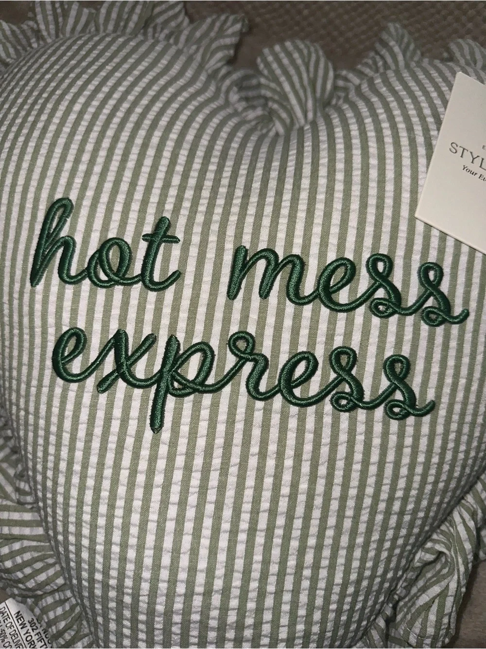 Striped Heart Green and White Embroidered Pillow with Ruffles - Hot Mess Express
